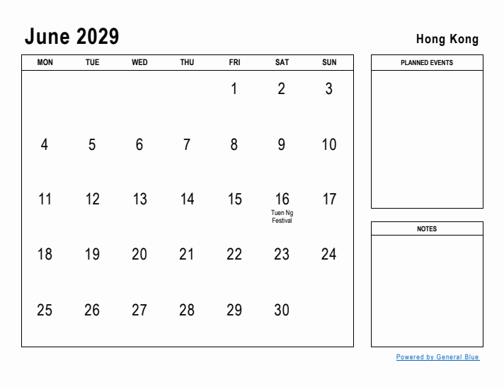 June 2029 Printable Monthly Calendar with Hong Kong Holidays