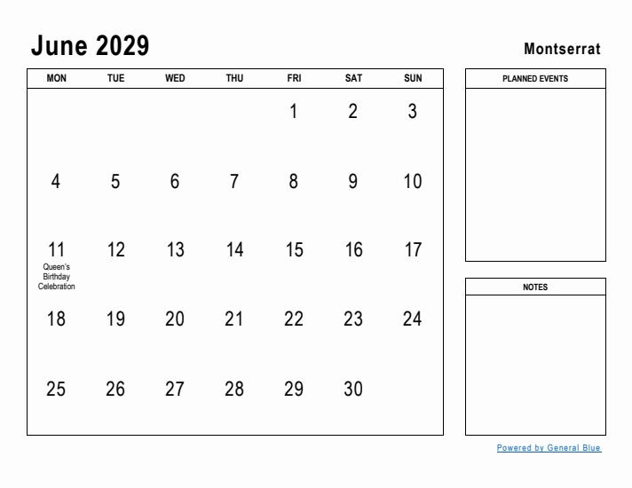 June 2029 Printable Monthly Calendar with Montserrat Holidays