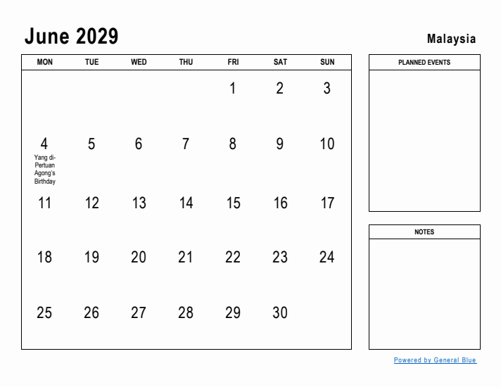 June 2029 Printable Monthly Calendar with Malaysia Holidays