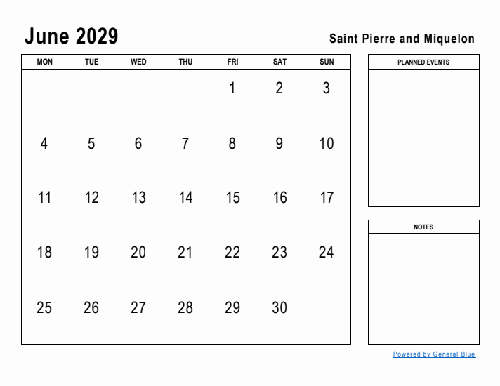 June 2029 Printable Monthly Calendar with Saint Pierre and Miquelon Holidays