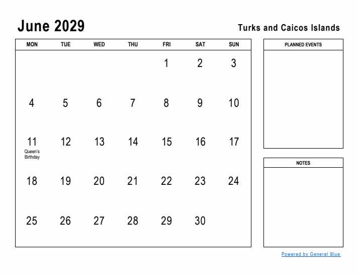 June 2029 Printable Monthly Calendar with Turks and Caicos Islands Holidays