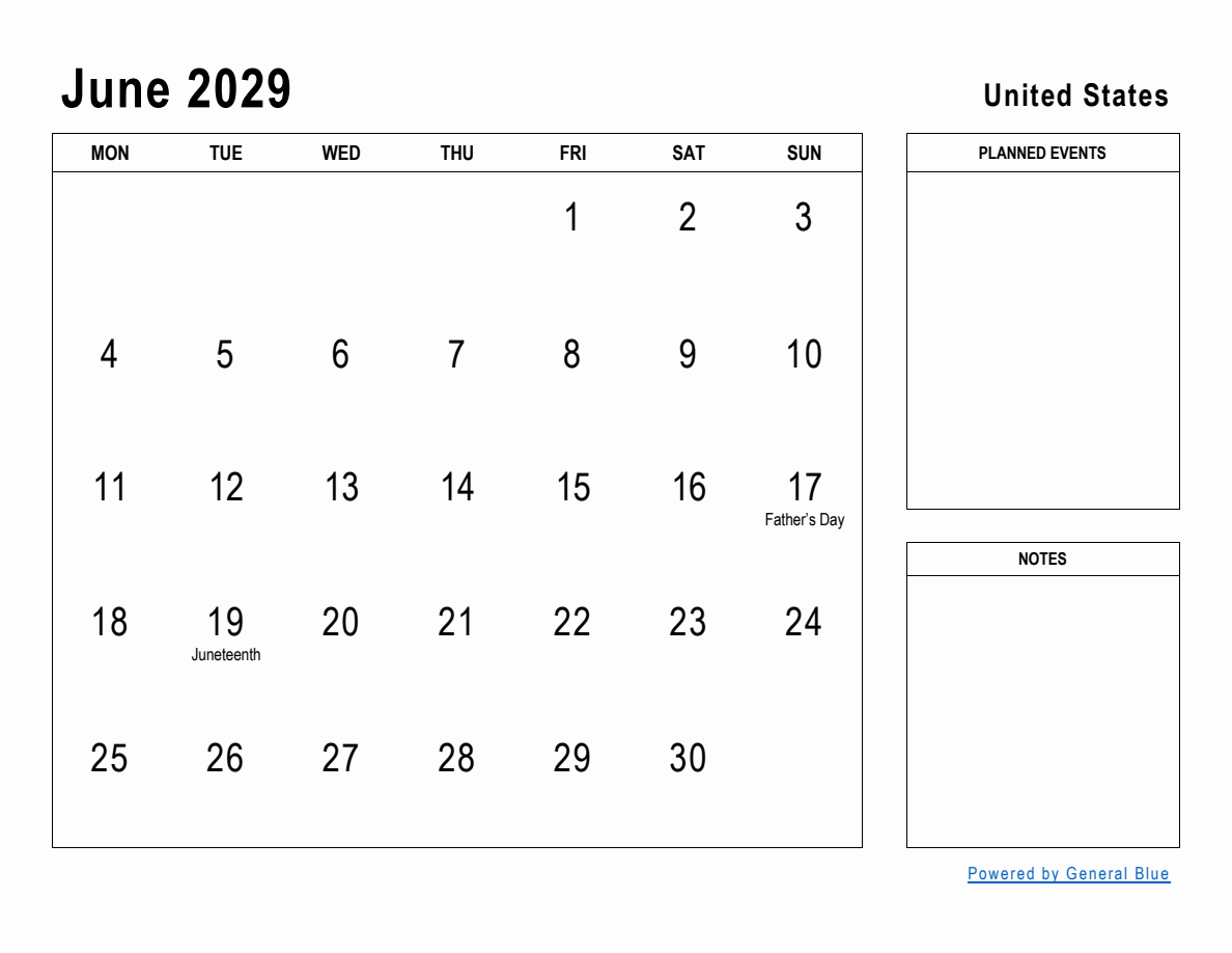 June 2029 Planner with United States Holidays (Monday Start)