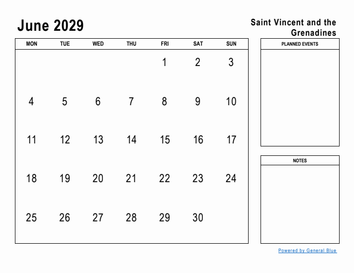 June 2029 Printable Monthly Calendar with Saint Vincent and the Grenadines Holidays