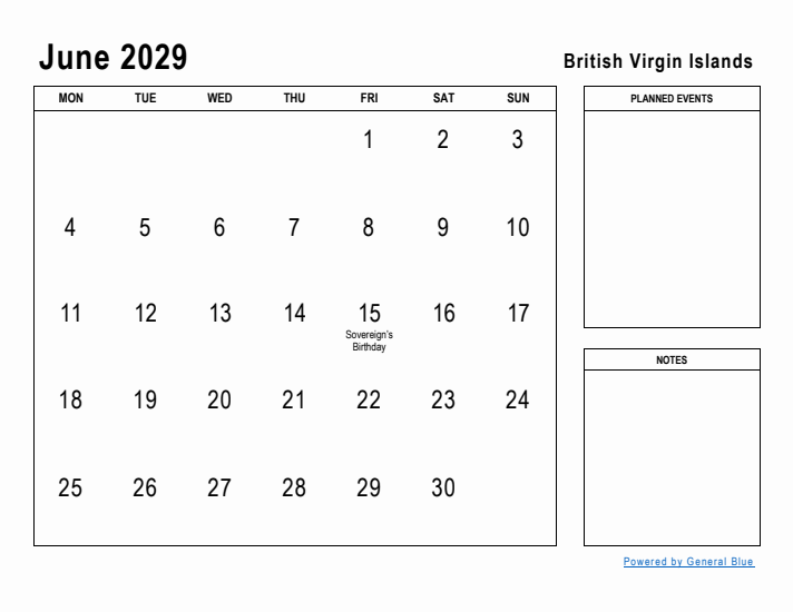 June 2029 Printable Monthly Calendar with British Virgin Islands Holidays