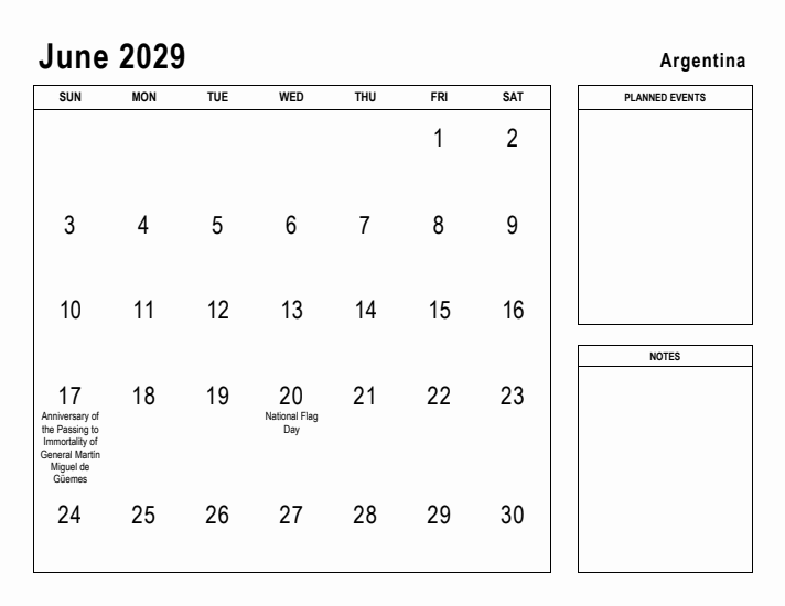 June 2029 Printable Monthly Calendar with Argentina Holidays