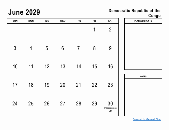 June 2029 Printable Monthly Calendar with Democratic Republic of the Congo Holidays