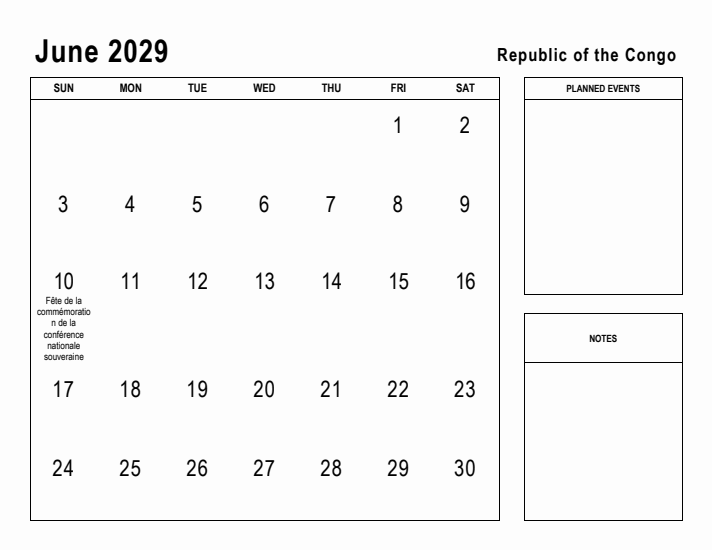 June 2029 Printable Monthly Calendar with Republic of the Congo Holidays