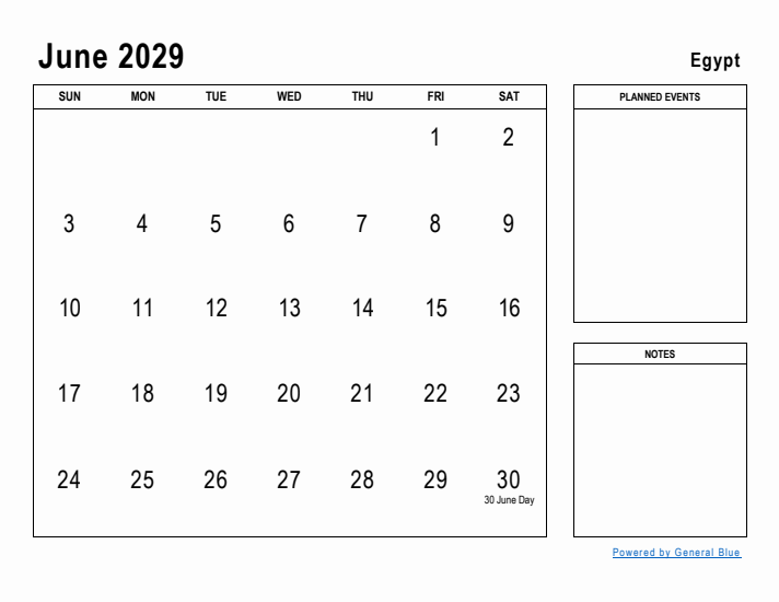 June 2029 Printable Monthly Calendar with Egypt Holidays