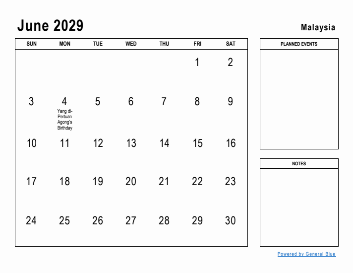 June 2029 Printable Monthly Calendar with Malaysia Holidays
