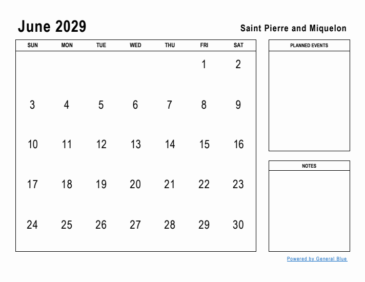 June 2029 Printable Monthly Calendar with Saint Pierre and Miquelon Holidays