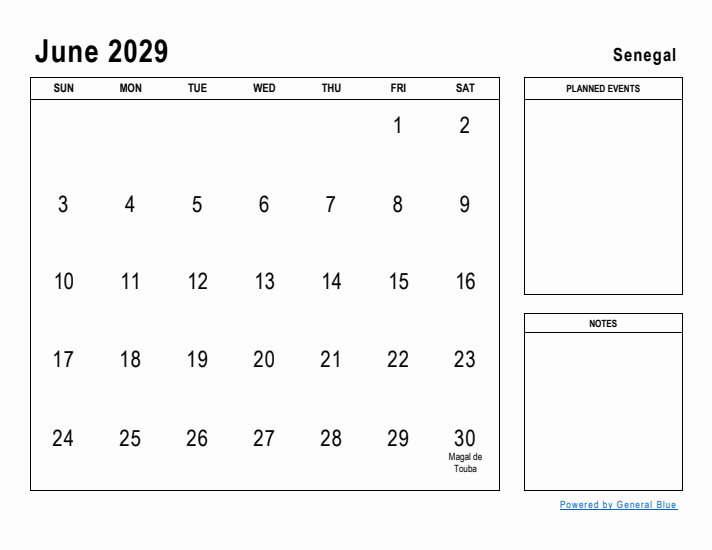 June 2029 Printable Monthly Calendar with Senegal Holidays