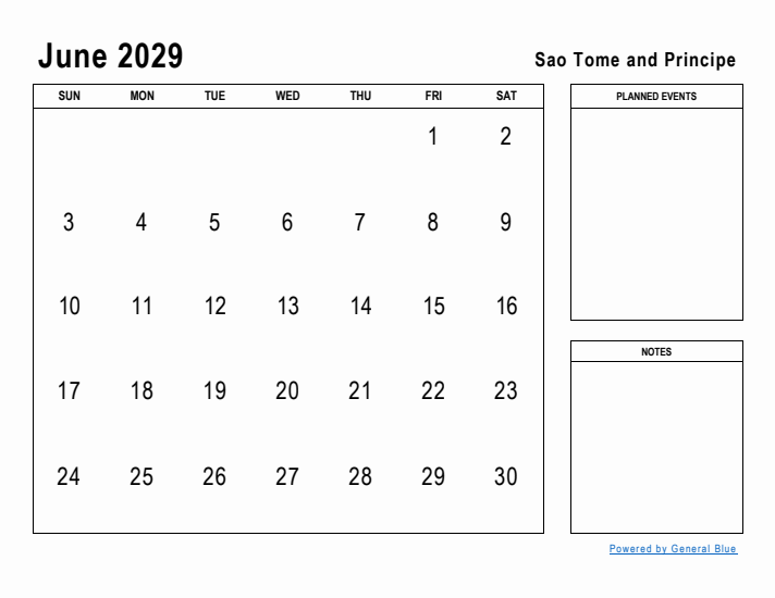 June 2029 Printable Monthly Calendar with Sao Tome and Principe Holidays