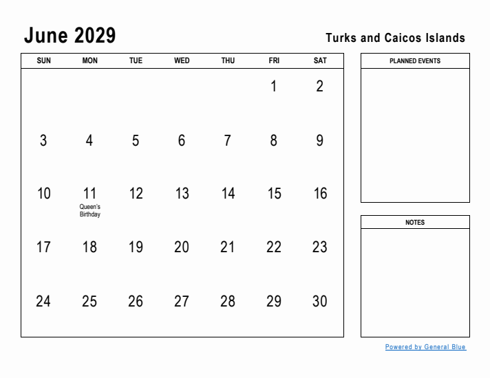 June 2029 Printable Monthly Calendar with Turks and Caicos Islands Holidays
