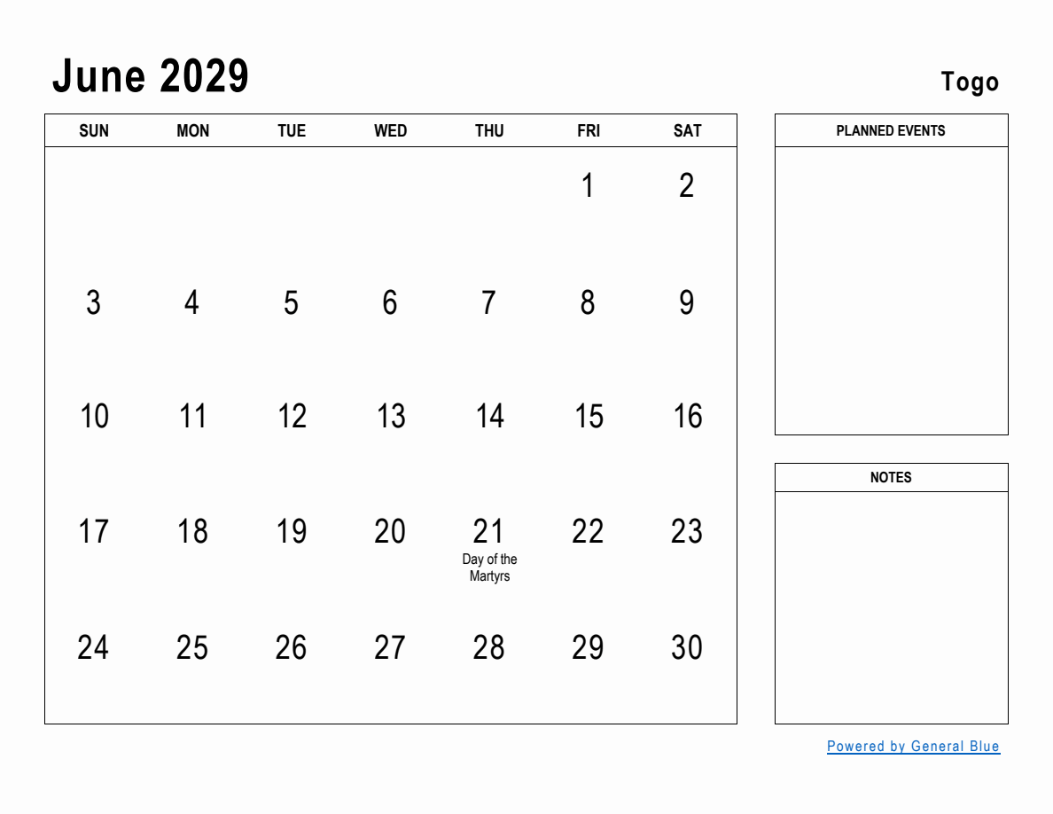 June 2029 Planner with Togo Holidays