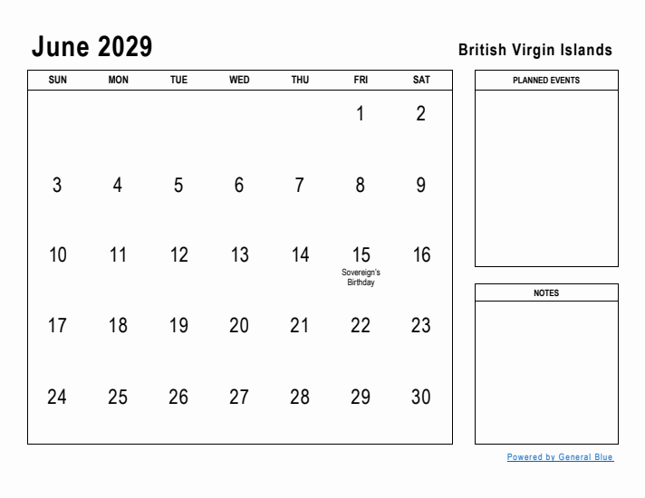 June 2029 Printable Monthly Calendar with British Virgin Islands Holidays
