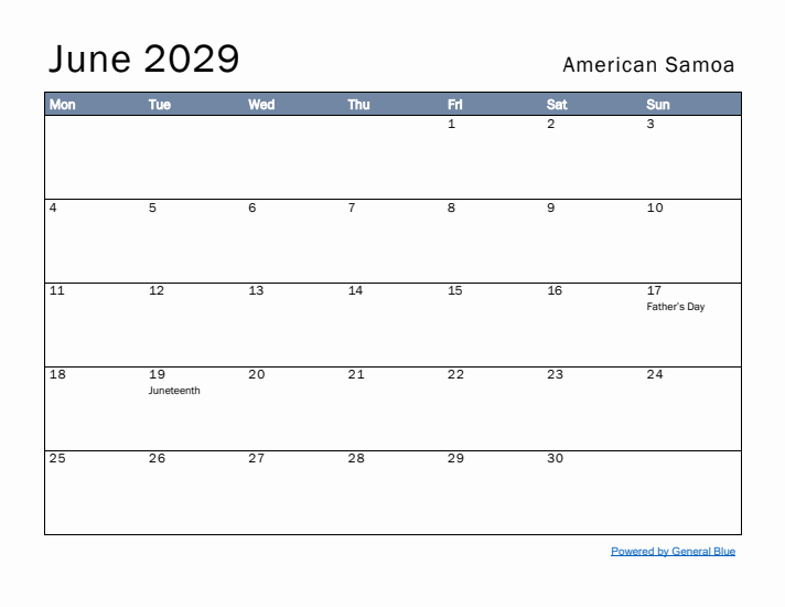 June 2029 Simple Monthly Calendar for American Samoa