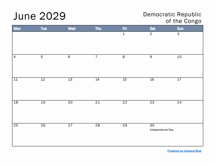 June 2029 Simple Monthly Calendar for Democratic Republic of the Congo