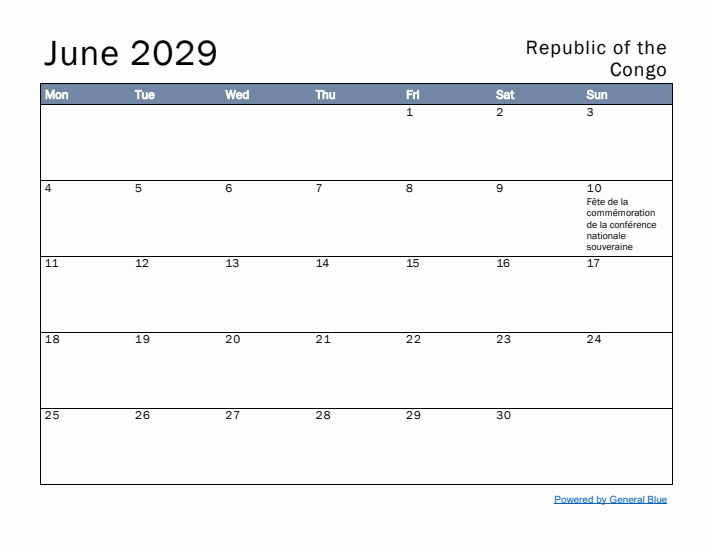 June 2029 Simple Monthly Calendar for Republic of the Congo