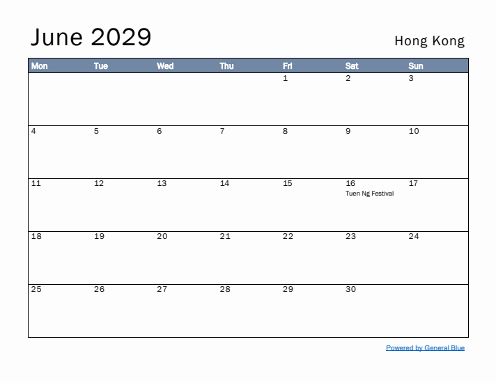 June 2029 Simple Monthly Calendar for Hong Kong