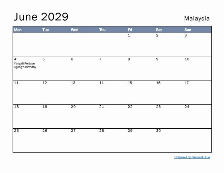 June 2029 Simple Monthly Calendar for Malaysia