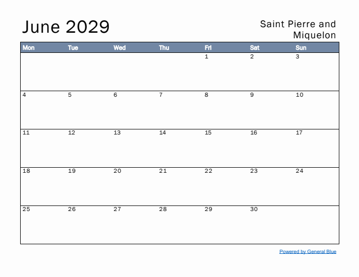 June 2029 Simple Monthly Calendar for Saint Pierre and Miquelon