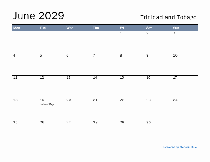 June 2029 Simple Monthly Calendar for Trinidad and Tobago