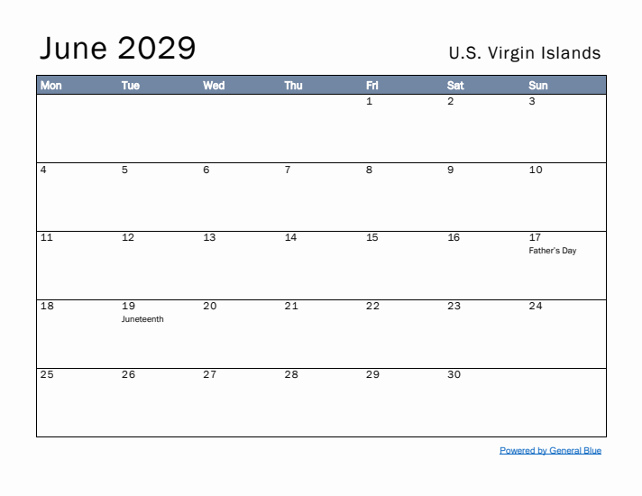 June 2029 Simple Monthly Calendar for U.S. Virgin Islands
