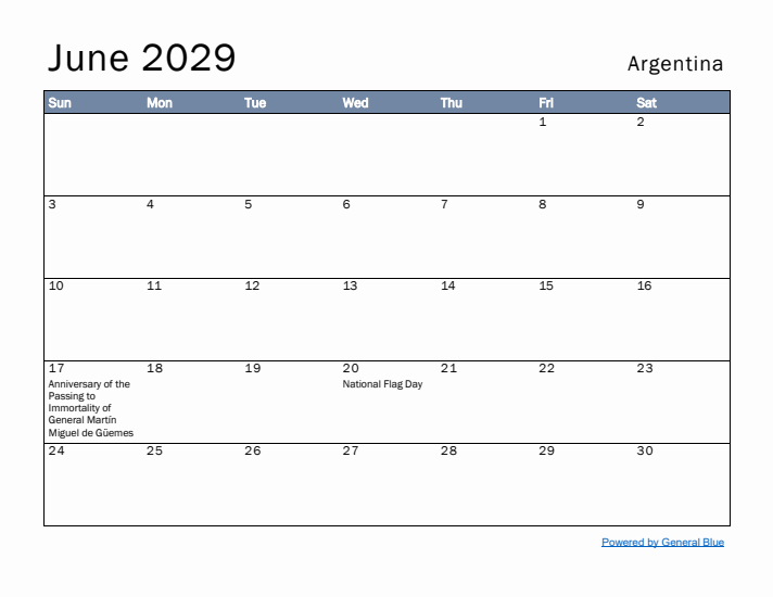 June 2029 Simple Monthly Calendar for Argentina