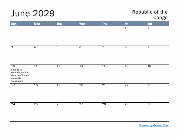 June 2029 Simple Monthly Calendar for Republic of the Congo