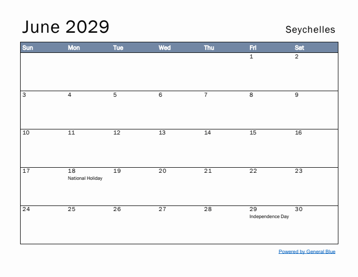 June 2029 Simple Monthly Calendar for Seychelles