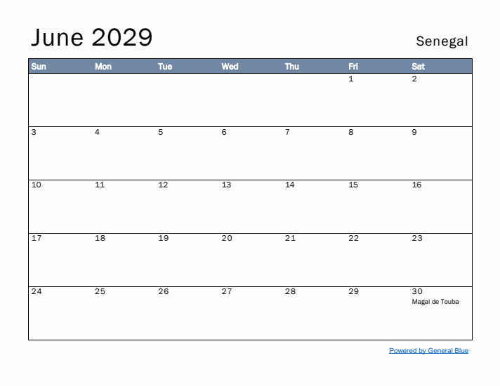 June 2029 Simple Monthly Calendar for Senegal