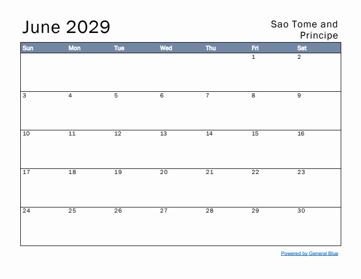 June 2029 Simple Monthly Calendar for Sao Tome and Principe