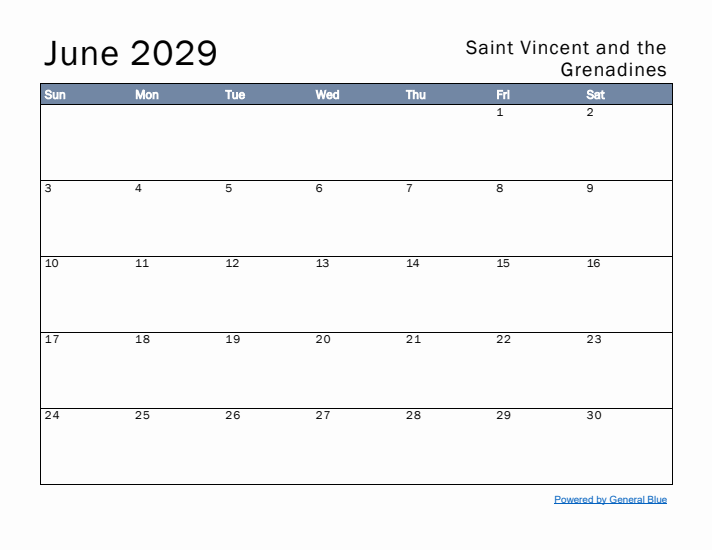 June 2029 Simple Monthly Calendar for Saint Vincent and the Grenadines