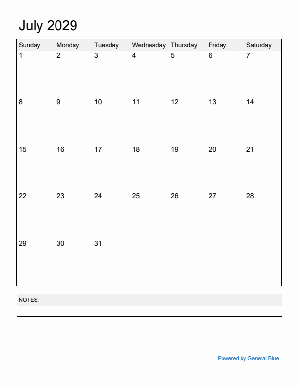 Basic Monthly Calendar Template for July 2029