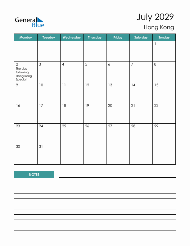 Calendar with Notes Printable - Monday Start