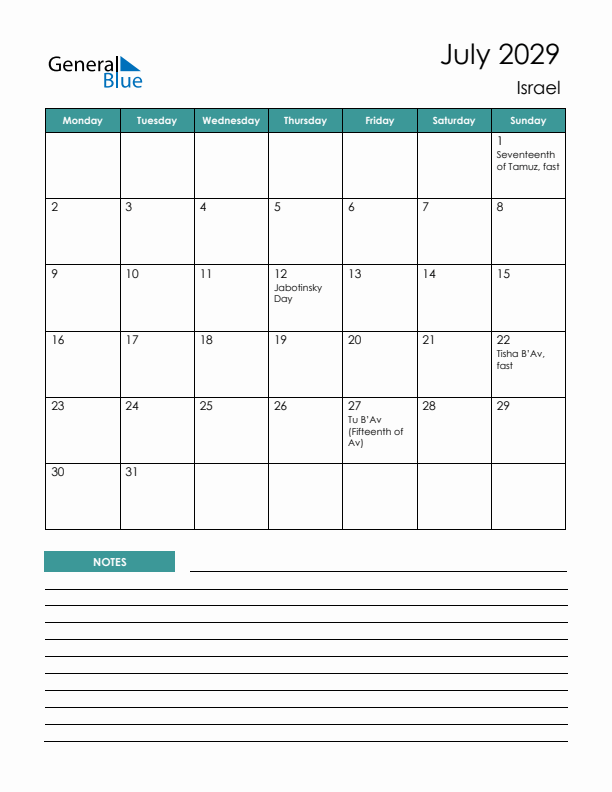 Calendar with Notes Printable - Monday Start