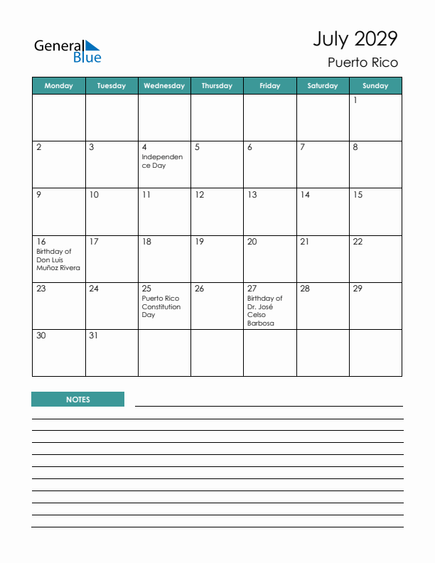 Calendar with Notes Printable - Monday Start