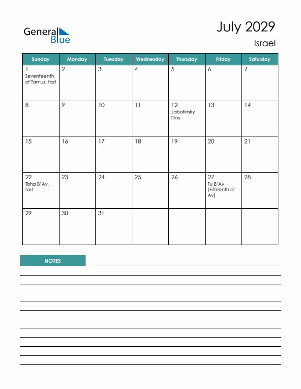 Calendar with Notes Printable - Sunday Start