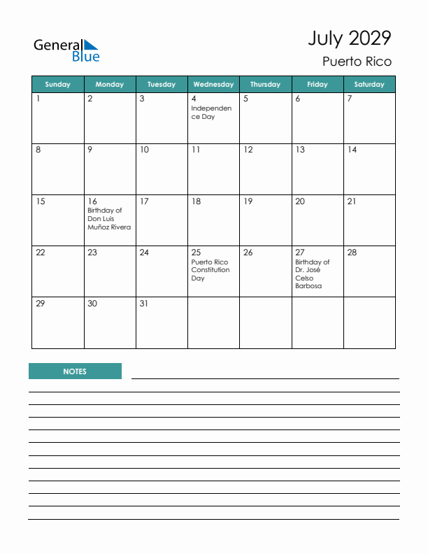 Calendar with Notes Printable - Sunday Start