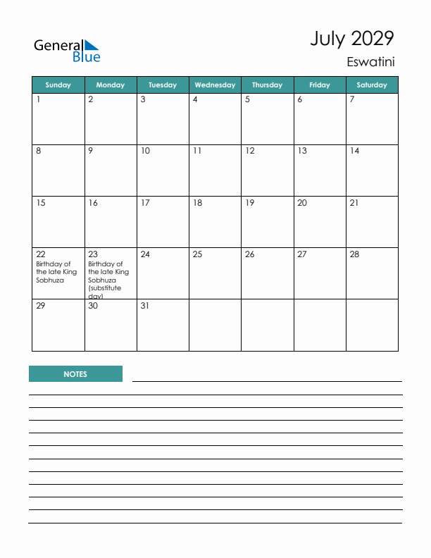 Calendar with Notes Printable - Sunday Start