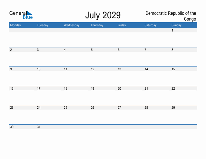 Fillable July 2029 Calendar