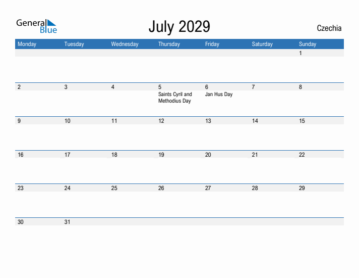 Fillable July 2029 Calendar