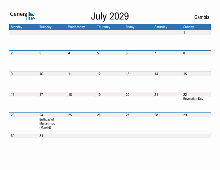 Fillable July 2029 Calendar