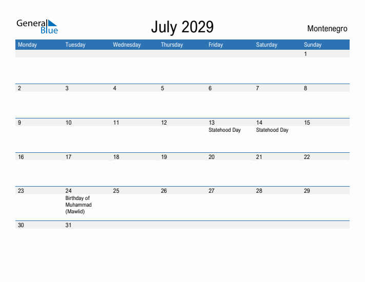 Fillable July 2029 Calendar