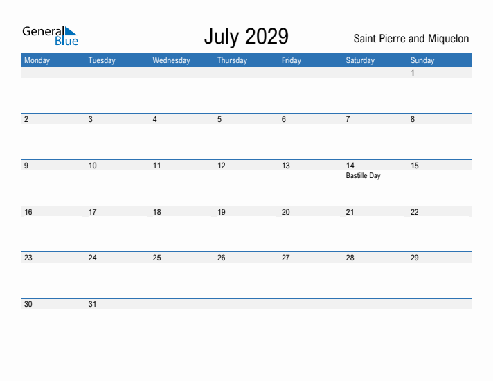 Fillable July 2029 Calendar