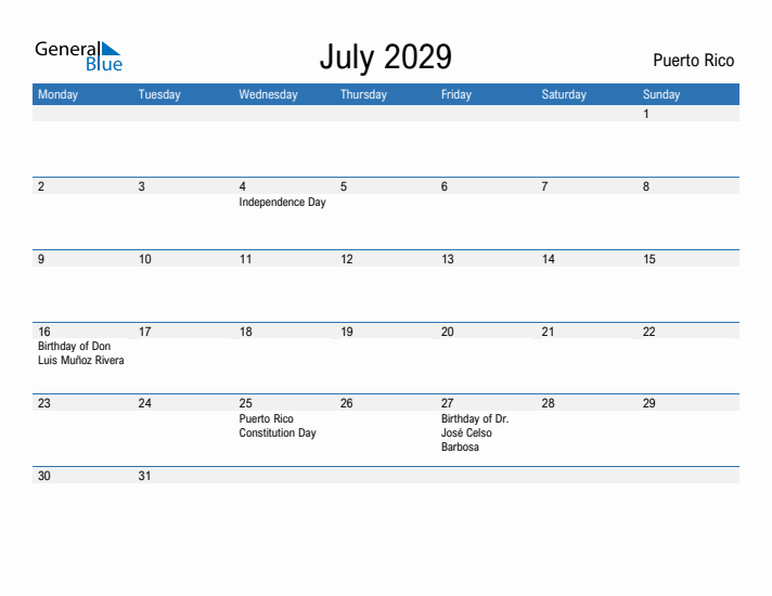 Fillable July 2029 Calendar