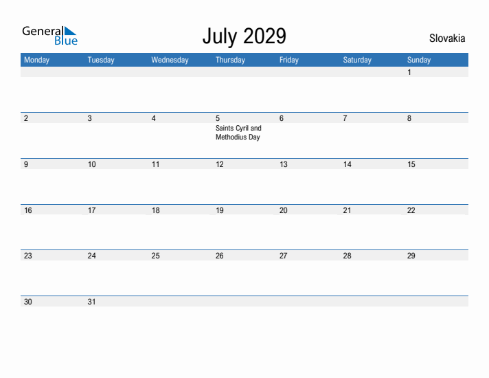 Fillable July 2029 Calendar