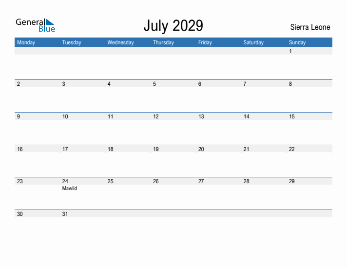 Fillable July 2029 Calendar