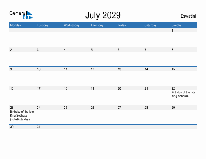 Fillable July 2029 Calendar
