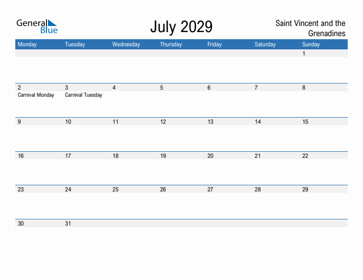 Fillable July 2029 Calendar